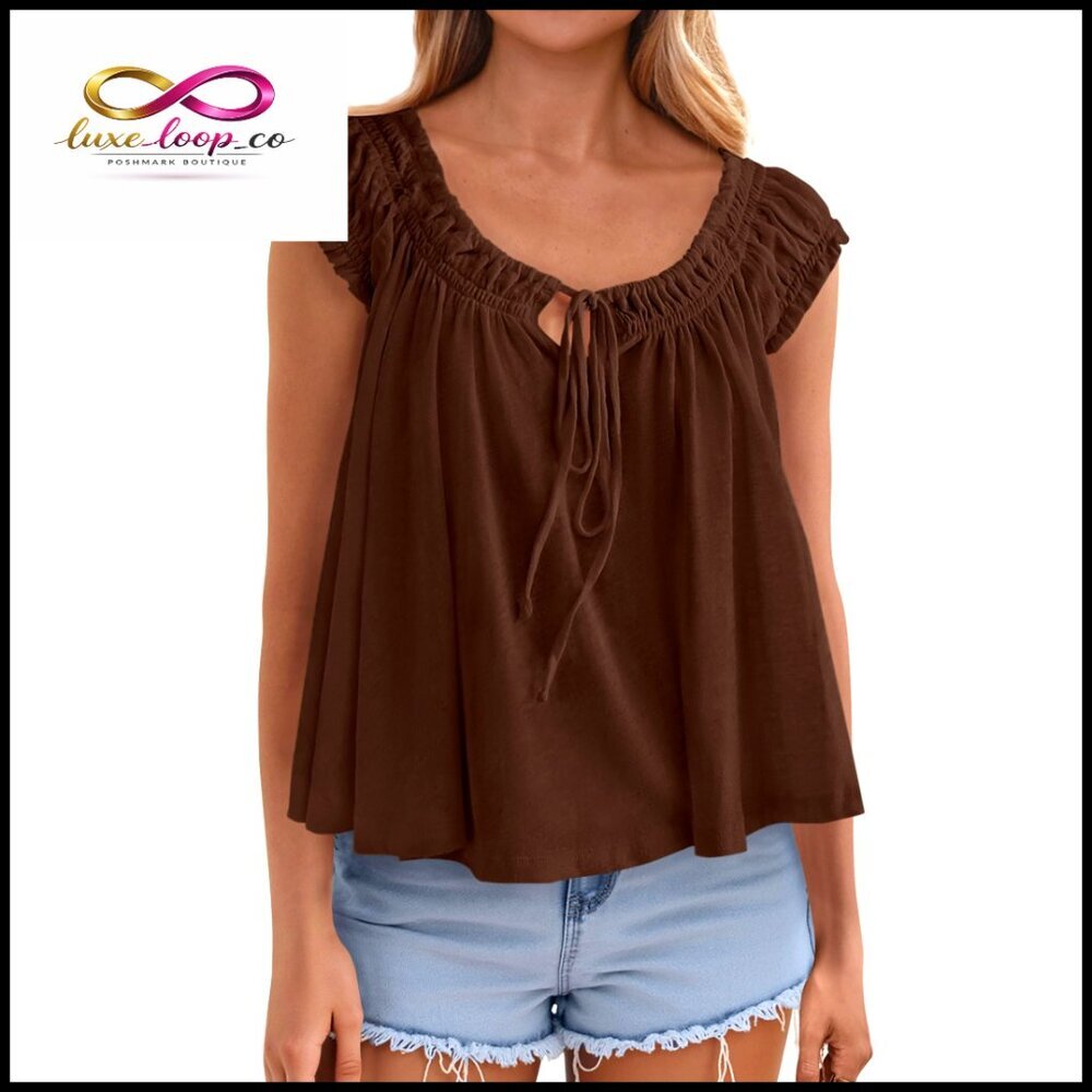 Babydoll Peplum Tank Top Tie Front Flowy Chic Summer Blouse Cap Sleeve